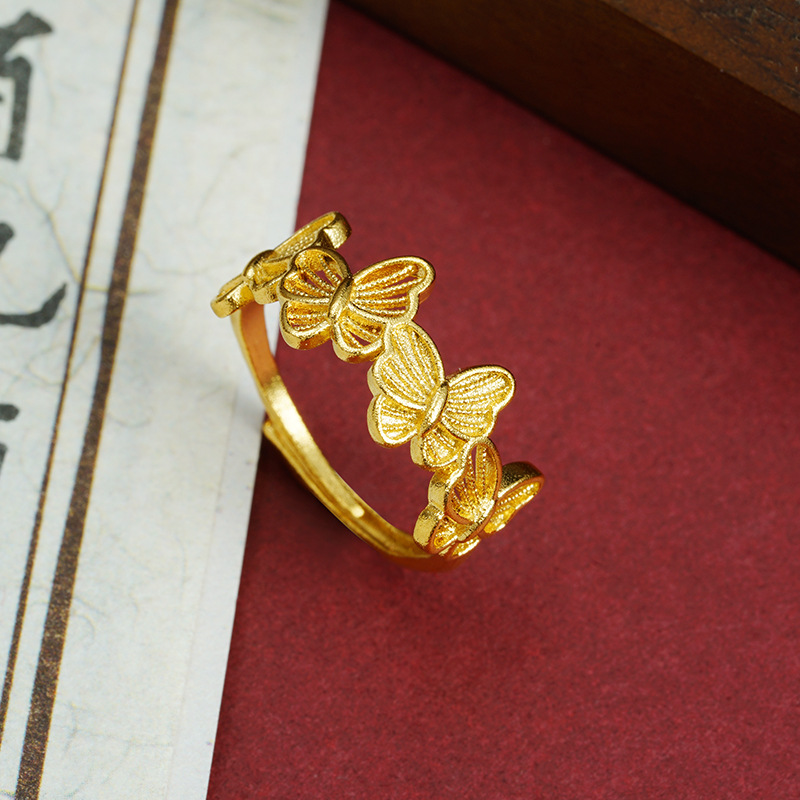 Nuevo anillo de oro de arena vietnamita ligero de lujo filamento mariposa anillo de boca viva mujer bronce chapado en oro joyerías no se desvanecen al por mayor