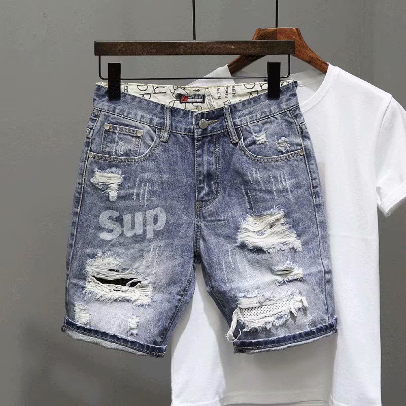 Beggar Ripped Men's Denim Shorts Trendy Brand Distinctive Printed Patch Slim-fit Five-point Cyber Popular Tiktok Trendy Mid-length Pants