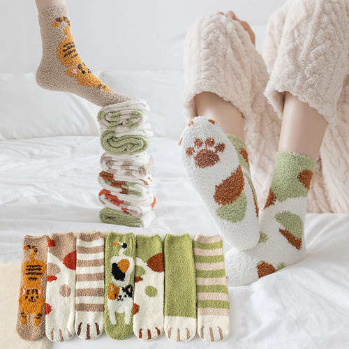 New autumn and winter green coral velvet mid-calf socks cartoon cat claw socks plus velvet thickened women's socks sleep socks wool socks