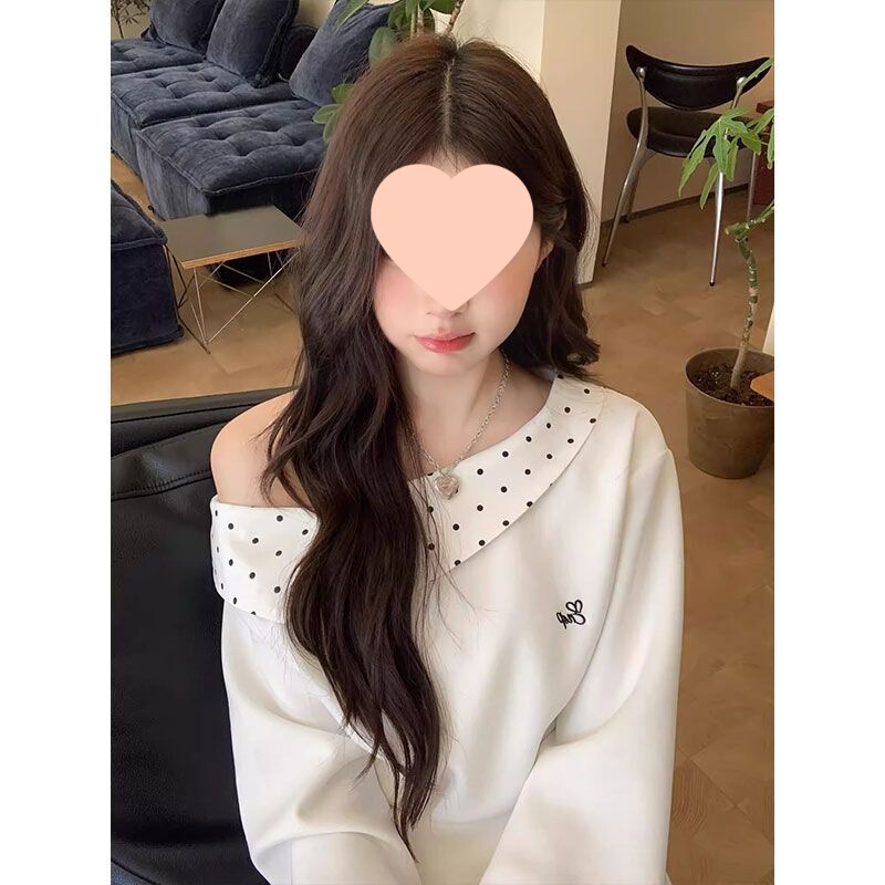 一字肩斜肩波点卫衣长袖恤上衣女早秋季新款高腰显瘦半身裙套装|undefined