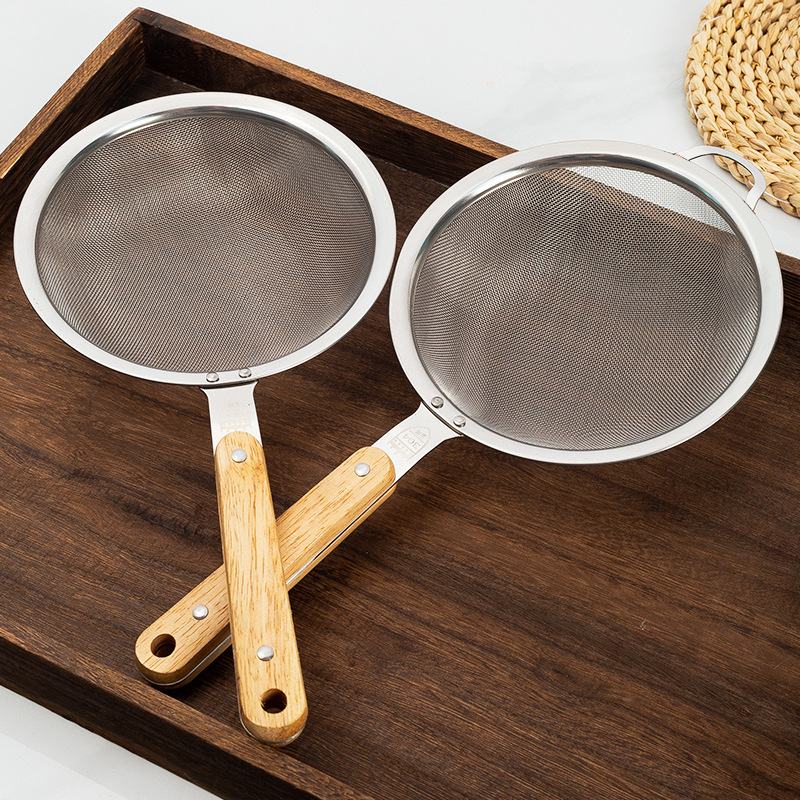 Colador de acero inoxidable 304 mango de madera anti-escaldado filtro de harina cuchara de escoria de aceite rejilla de aceite de cocina doméstica