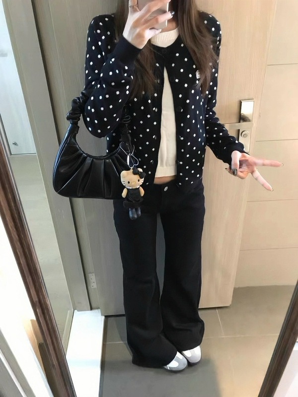 波点假两件针织开衫上衣女秋季高级感慵懒风毛衣外套|undefined