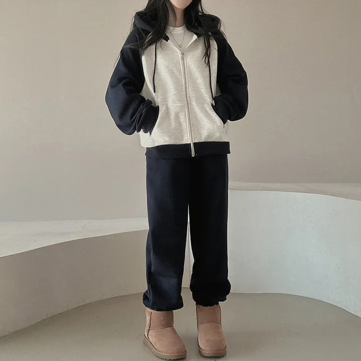 Hooded suit women's Japanese stitching solid color cardigan casual sportswear spring, autumn and winter loose slimming sweater Korean style Two Hooded suit women's Japanese stitching solid color cardigan casual sportswear spring, autumn and winter loose slimming sweater Korean style Two