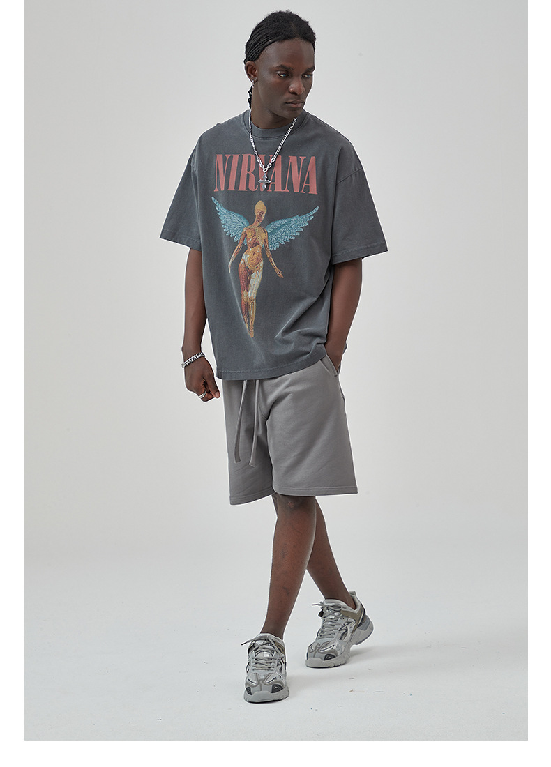 Erkek Yeni Yıkama Eski Rock Grubu Baskılı Kısa Kollu Sokak Modası Marka Yuvarlak Yaka Tişört_voghion.com