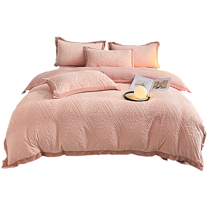 2025 de alta gama tallado de leche de lana de cuatro piezas conjunto de invierno sábanas de lana de doble cara cubierta de cama de lana de coral