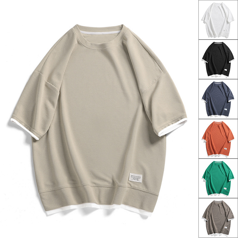 220g heavy waffle fake two-piece short sleeve t-shirt men's summer loose solid color bottoming shirt tide brand jacket wholesale