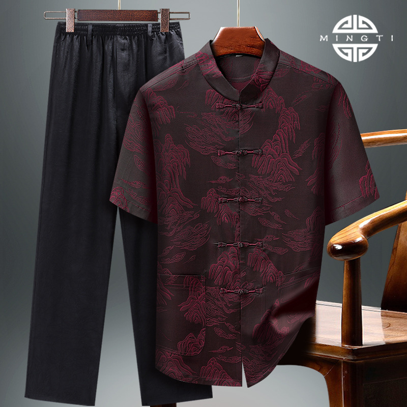 High-End Mulberry Silk Men's Tang Suit Summer Middle-Aged and Elderly Dad Short-Sleeved Suit Chinese Style Han Dynasty Ice Silk Grandpa Summer Suit