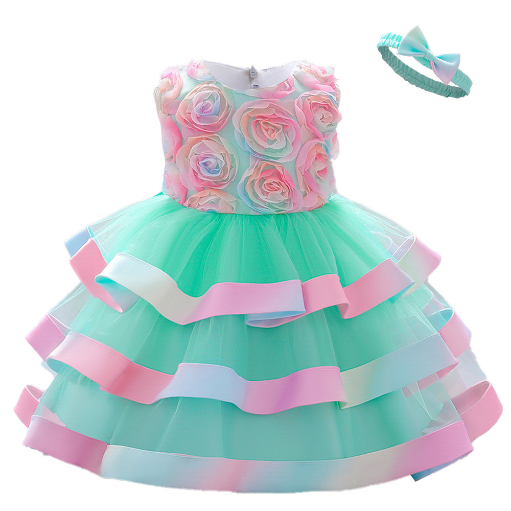 Vestido para niñas, vestido de bautizo para bebés de un año, vestido de princesa con flores tridimensionales de malla, vestido de cumpleaños con falda abullonada de colores.