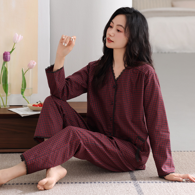 Women's Spring and Autum Woven Cotton Long-Sleeved Pajamas with Breast Pads for Middle-Aged Mothers Autum Cotton Large Size Home Wear Set