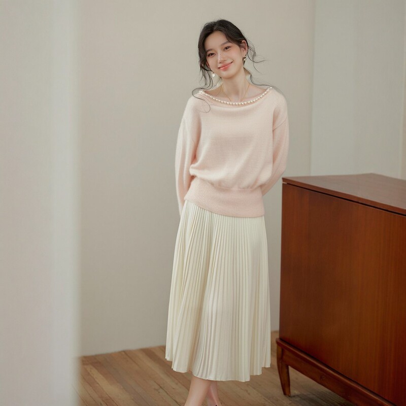 Off-the-shoulder pearl-decorated pullover sweater for women, with a cinched waist, ribbed hem, soft and cozy, loose-fitting, long-sleeved top Off-the-shoulder pearl-decorated pullover sweater for women, with a cinched waist, ribbed hem, soft and cozy, loose-fitting, long-sleeved top