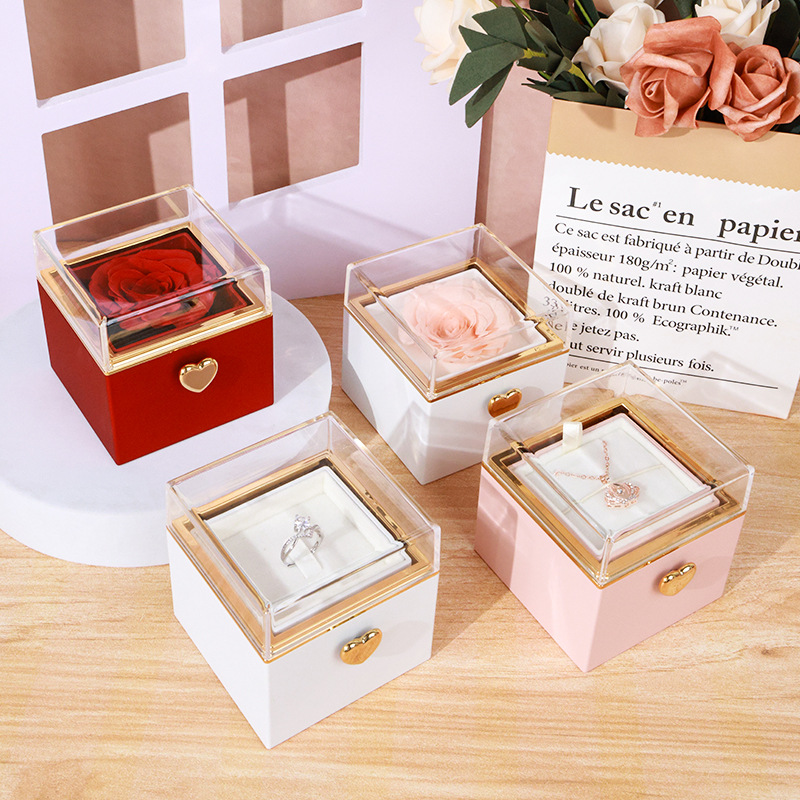 Nuevos productos transfronterizos caja de regalo de San Valentín rosa caja de rebote acrílico caja de anillo de alta calidad caja de joyería antioxidante