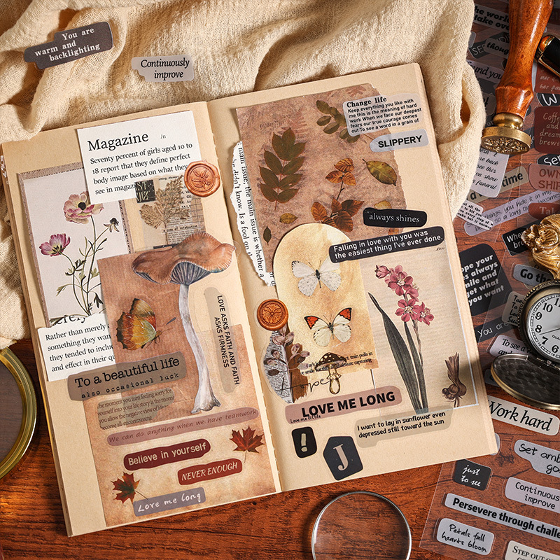 Heart Language Sticker Pet transparente impermeable Bolsa de pegatinas de cuentas de mano Letras de inglés retro Etiqueta engomada de material de cuentas de mano