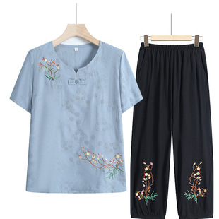 Middle-Aged and Elderly Women's Summer Short-Sleeved Suit, Mother's Summer New Style, Middle-Aged Casual Top + Pants Two-Piece Set