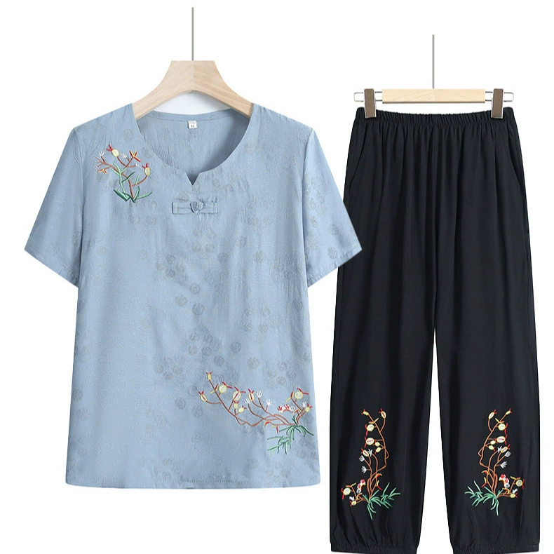 Летний женский костюм с короткими рукавами среднего и пожилого возраста, новый летний стиль для мамы, повседневный топ среднего возраста + брюки, комплект из двух предметов
