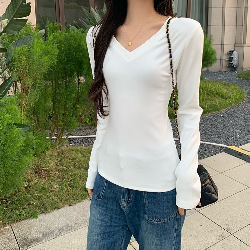 4618 # Real Shot of 280g Threaded Velvet V Neck Bottoming Shirt for Women in Spring, Autumn and Winter with Thickeneded Velvet Long-Sleeved T-Shirt