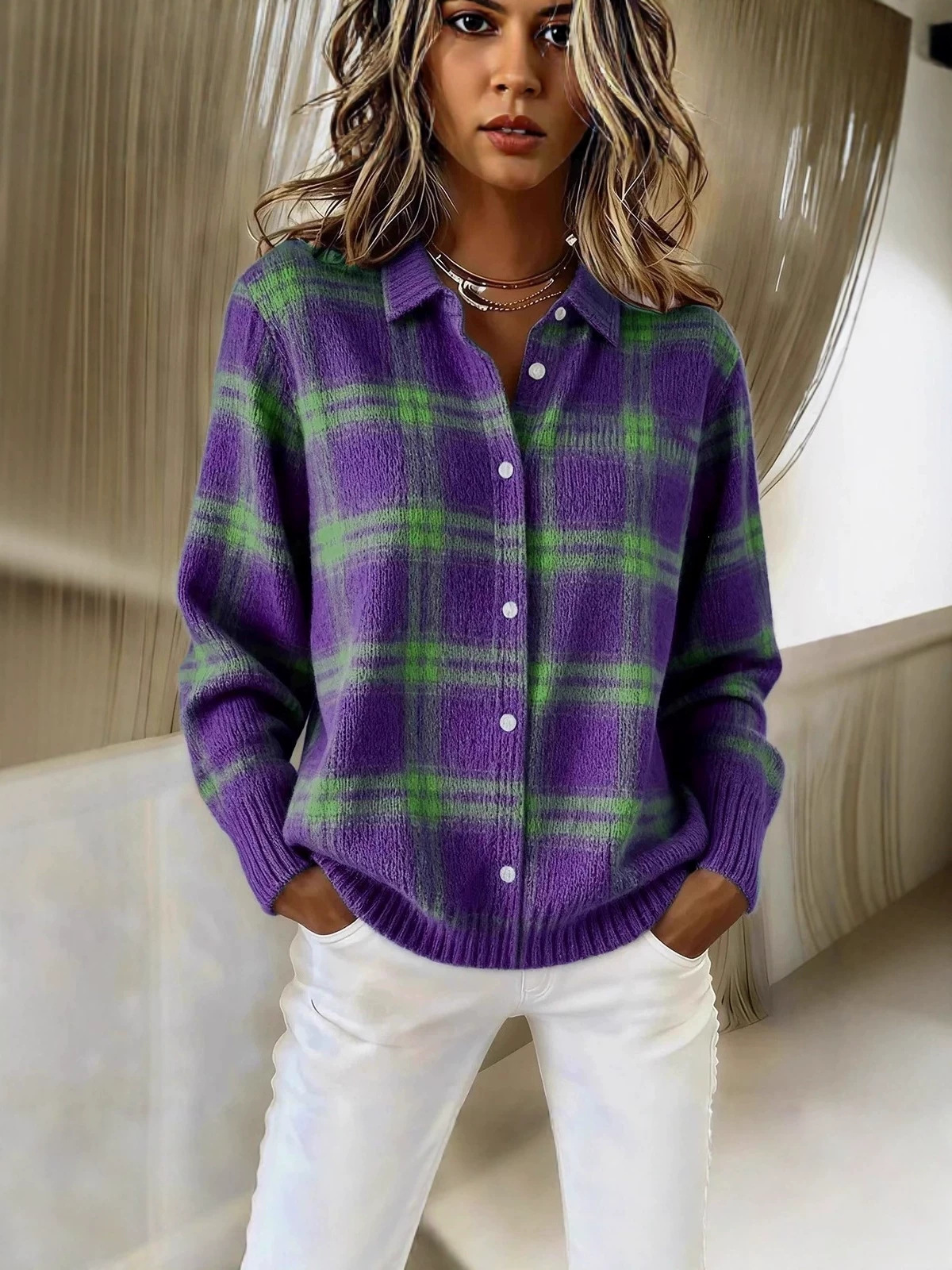 Europa y Estados Unidos transfronterizos Amazon estación independiente de mujer caudal relajado caño invierno cuadrado camisa de cuello largo suéter cardigan