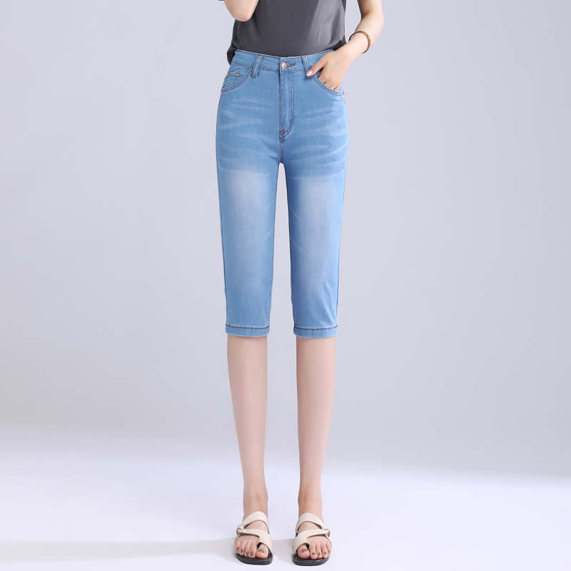 Summer Thin High-waisted Cropped Jeans Women's Loose Middle-aged Mom Shorts Stretch plus size Slim-fit Slimming Mid-length Pants