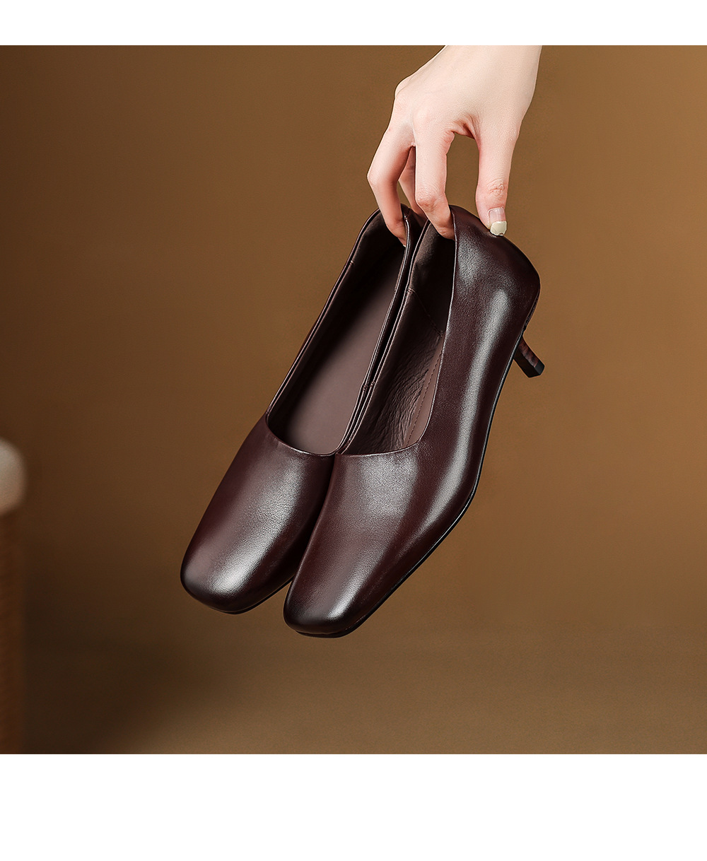 Giày nữ gót trung bình 4 cm mũi vuông da cừu kiểu bà ngoại đi làm — màu nâu chi tiết 16