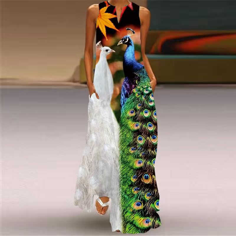 2022 New Summer Women's Sleeveless Long Dress V-Neck Printed Jade Flower Dress European and American Cross-Border Export Women's Clothing 2022 New Summer Women's Sleeveless Long Dress V-Neck Printed Jade Flower Dress European and American Cross-Border Export Women's Clothing