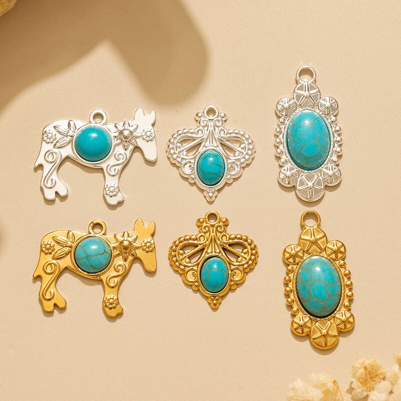 Bohemian Ethnic Style Retro Turquoise Calf Heart Stainless Steel Pendant DIY Jewelry Sweater Chain Accessories Bohemian Ethnic Style Retro Turquoise Calf Heart Stainless Steel Pendant DIY Jewelry Sweater Chain Accessories