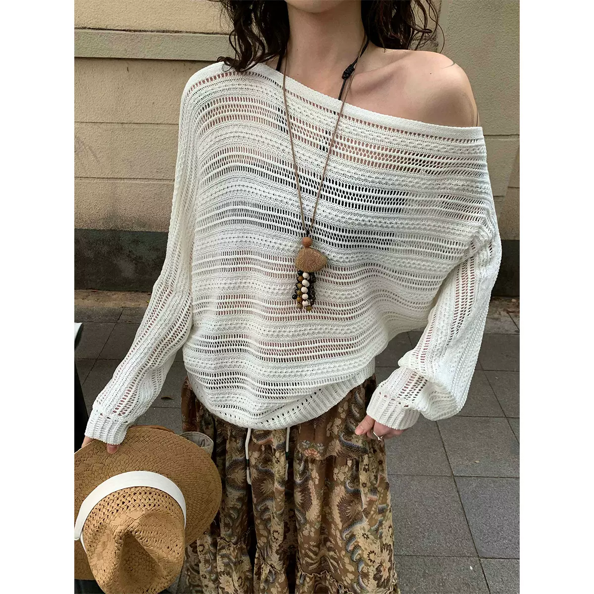 2026夏季新款斜领宽松钩花镂空防晒针织衫休闲百搭性感上衣D016-1