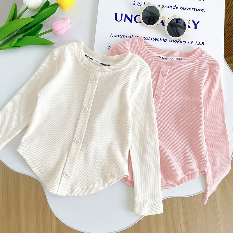 Primavera y otoño nuevo bebé Slim Top color sólido moda breasted manga larga Camiseta niñas bottoming camisa ropa de los niños