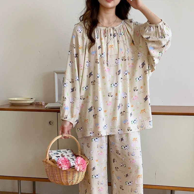 綿シルクパジャマセット女性のホーム服春と夏のパジャマ女性の夏フレンチレトロラウンドネック屋外で着用可能|undefined