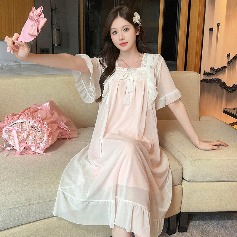 2025 pijama de verano rosa conjunto de malla de encaje pijama de mujer ropa para el hogar de color sólido ropa para el hogar de estudiantes sexy