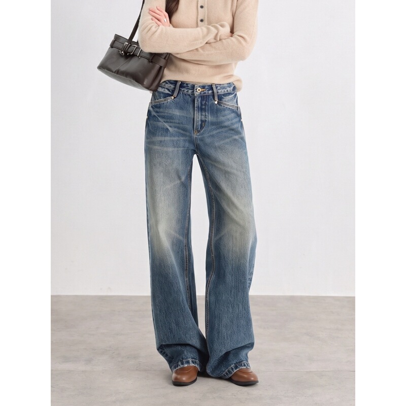 JOCORBEI 2026 Autumn New Vintage Blue Washed Wide-Leg Jeans for Women, High-Waisted Loose Straight Pants