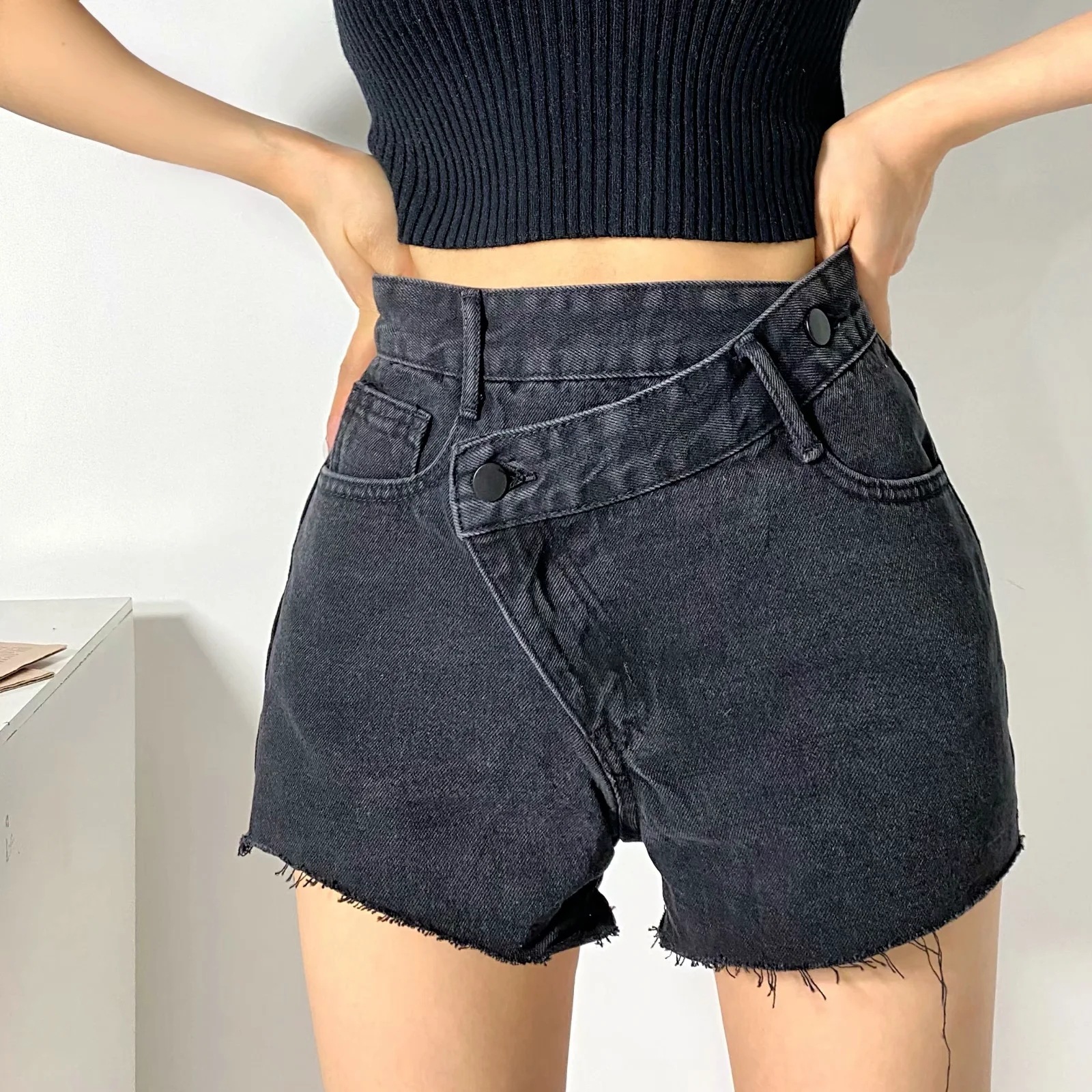 cross-waist loose wide-leg denim shorts NSAC51790