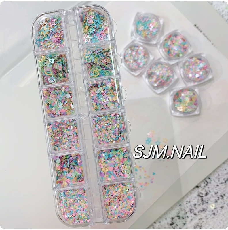 Xiaohongshu 12-Grid Popular Macaron Heart and Star Mixed Nail Art Sequins Hollow Heart and Star Nail Stickers Xiaohongshu 12-Grid Popular Macaron Heart and Star Mixed Nail Art Sequins Hollow Heart and Star Nail Stickers