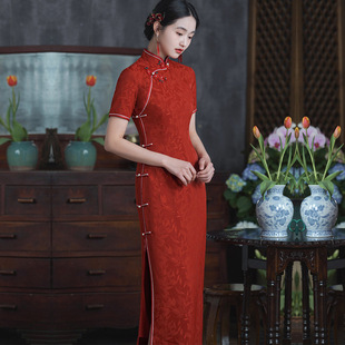 Cheongsam New Chinese 2025 New Improved Young Short-sleeved Republic of China Style Herringbone Jacquard Long dress Red
