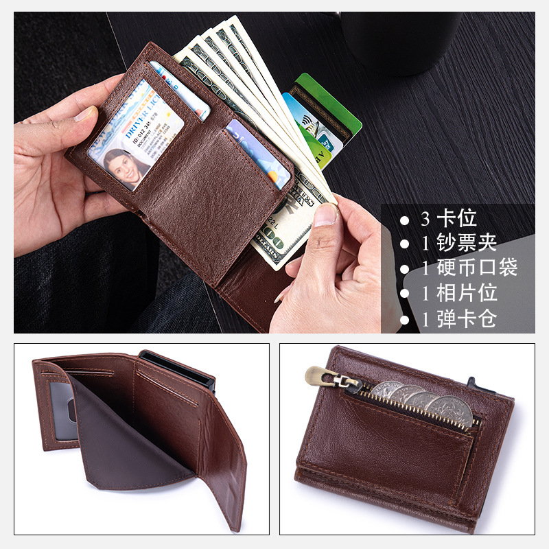 Ví nam gập mini da bò thật chống trộm RFID ba khúc — Đỏ nâu, Đen, Cà phê - Ngựa điên