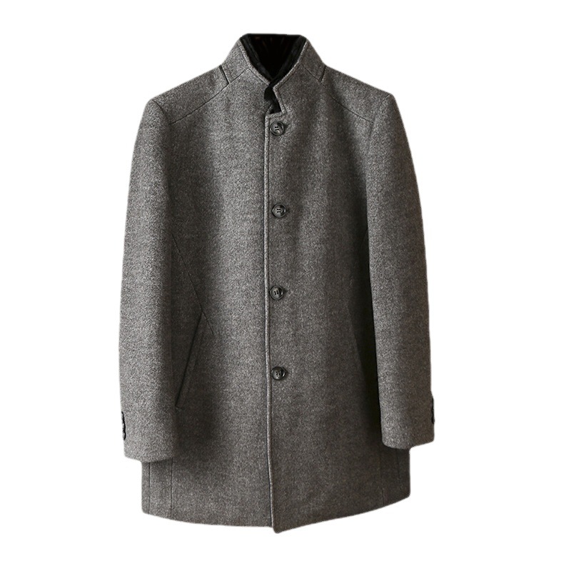 Abrigo de lana pura de los hombres otoño y el invierno engrosado Cuello de piel desmontable de longitud media capa de lana de los hombres abrigo 4E045