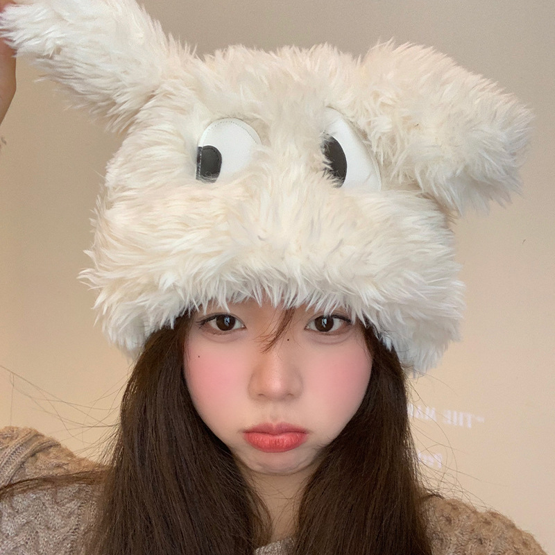 日系搞怪卡通大眼小狗套头帽女秋冬保暖护耳甜美可爱加厚毛绒帽子|undefined