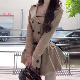 韩系学院风美拉德长袖连衣裙女早秋2025新款收腰a字棕色花苞裙子