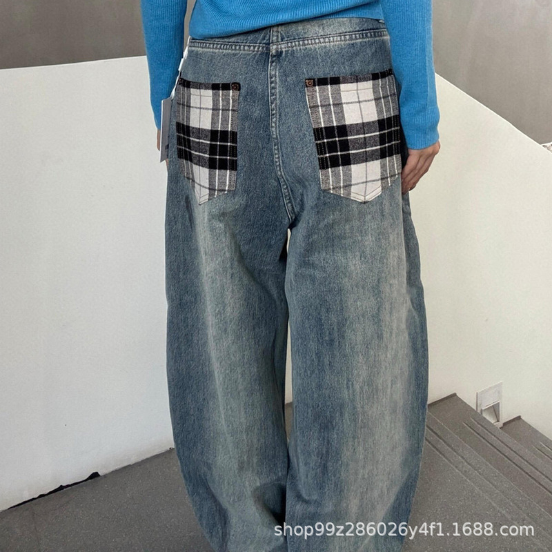 Nanyou Quality Plaid Pocket Splicing Nomadic Distressed Dirty Washed Wide-Leg Scimitar Denim Pants for Women 25 Autumn and Winter New Style