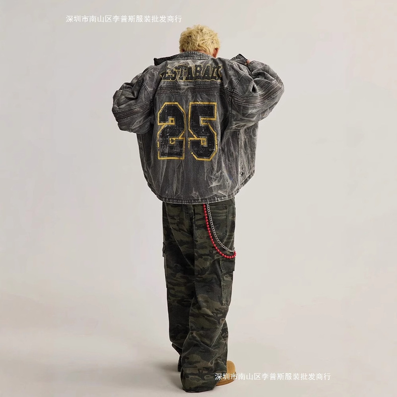 American Style High Street Old Graffiti Print Denim Jacket Men's Spring and Autumn New Loose Destruction Motorcycle Jacket Top