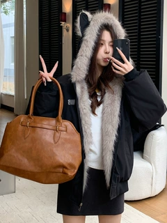 棉服女款2026新款韩版猫耳朵连帽毛茸茸外套冬季加绒加厚短款棉衣