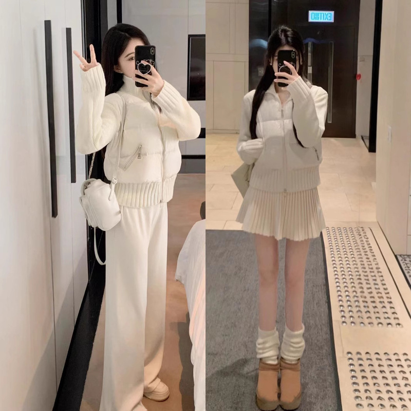 High Version Mengjia Cardig Women's Knitted Down Jacket Coat Back Embroidered Logo Cream Big Puff Coat