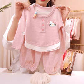 2025秋季女童新款套装糯米绒假两件中大童俩件套小女孩秋装套装