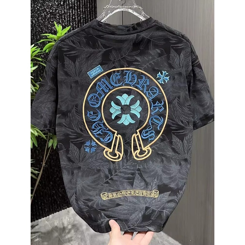 New Trendy Brand Embroidered Letter Short-Sleeve Men's Fashion Full-Print Tie-Dye Versatile Personalized Half-Sleeve T-Shirt White