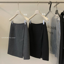 Y.JIA伊嘉 秋冬法式时髦气质呢料设计感开叉包臀中裙半身裙女5776