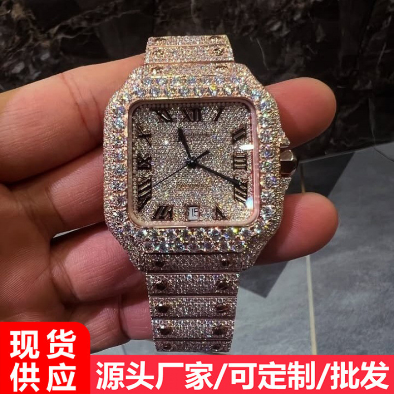 European and American Hip-Hop Men's Watch Fashion Square Diamond Roman Scale Watch Niche High-End Large Dial