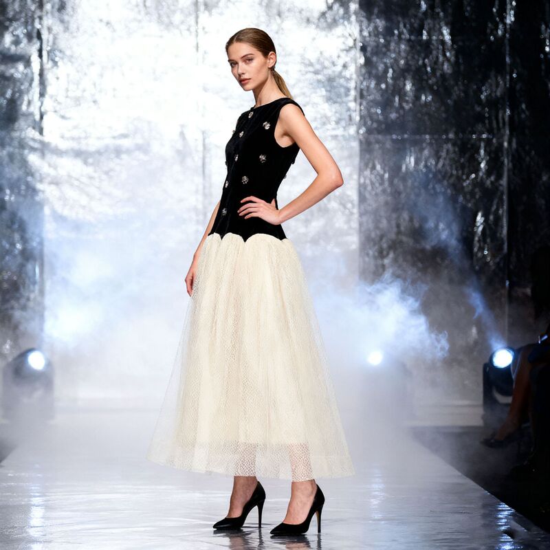 Black Velvet Diamond-Embellished Top with Off-White Mesh Patchwork Long Skirt 2026 Summer New Women's French Retro Dress Black Velvet Diamond-Embellished Top with Off-White Mesh Patchwork Long Skirt 2026 Summer New Women's French Retro Dress