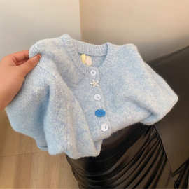 工厂 闭眼入~温柔风软糯高级感针织开衫女奶蓝色新百搭小个子毛衣