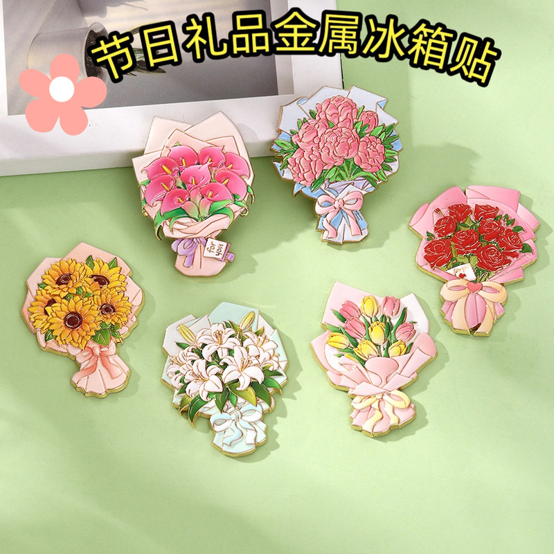 仿真花束金属冰箱贴国潮文创七夕送礼玫瑰花牡丹花磁吸贴国庆礼物|undefined