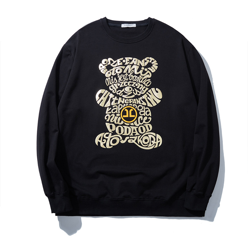 Pull ample à col rond pour homme avec imprimé lettre d'ours et gros caractères_voghion.com