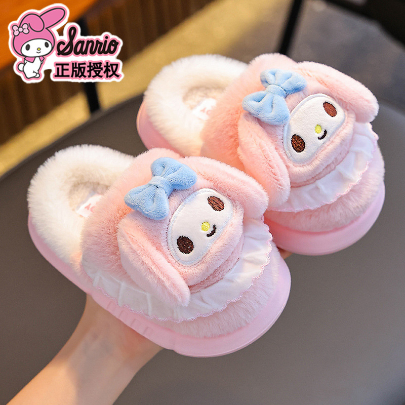 Sanrio auténtico invierno zapatillas de algodón para niños, niñas cálidas bolsas de terciopelo con tacos de goma, zapatillas de algodón para bebés