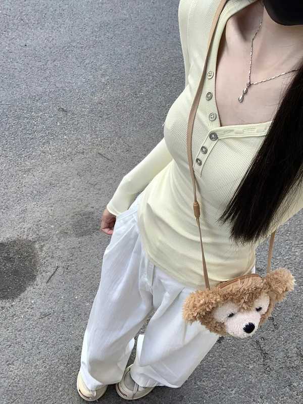 美式甜辣V领设计感小众长袖T恤女秋季新款小个子正肩修身显瘦上衣|undefined